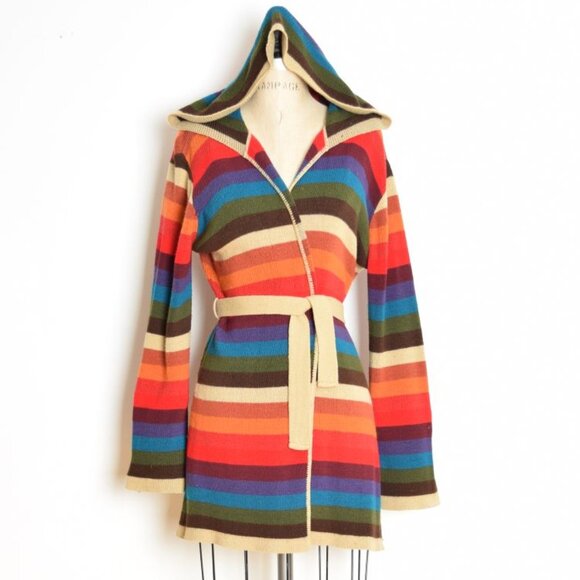 vintage Y2K rainbow cardigan sweater striped hooded wrap belted duster one size - Picture 1 of 8